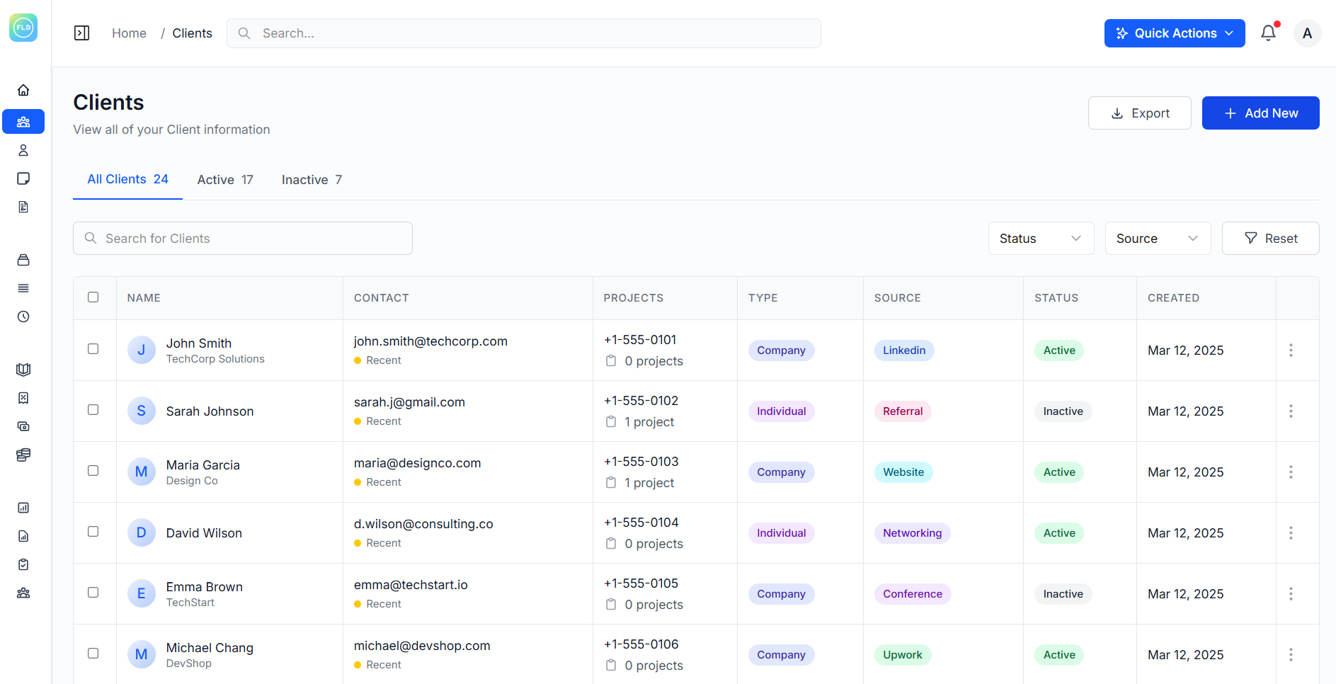 CRM interface dashboard showing client management table with contact information, lead tracking, and relationship management tools for service businesses